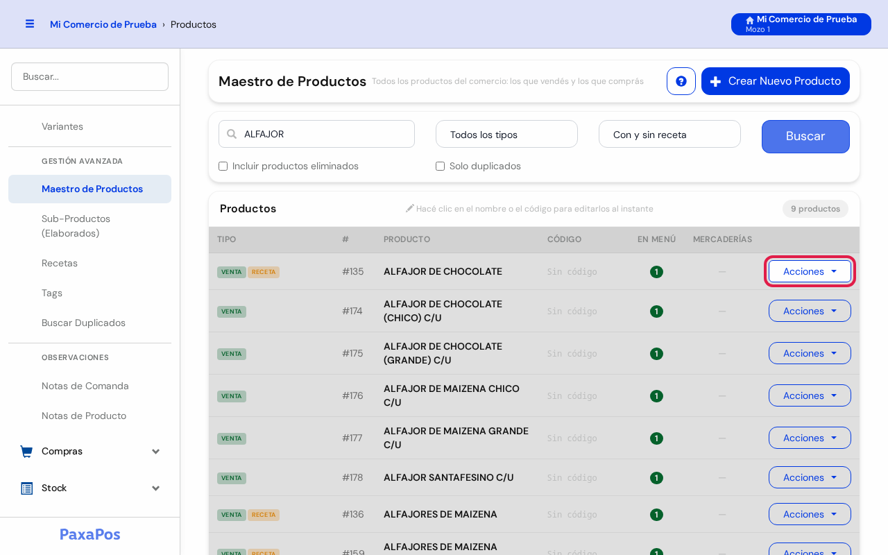 Lista con el botón Acciones de un producto marcado en rojo