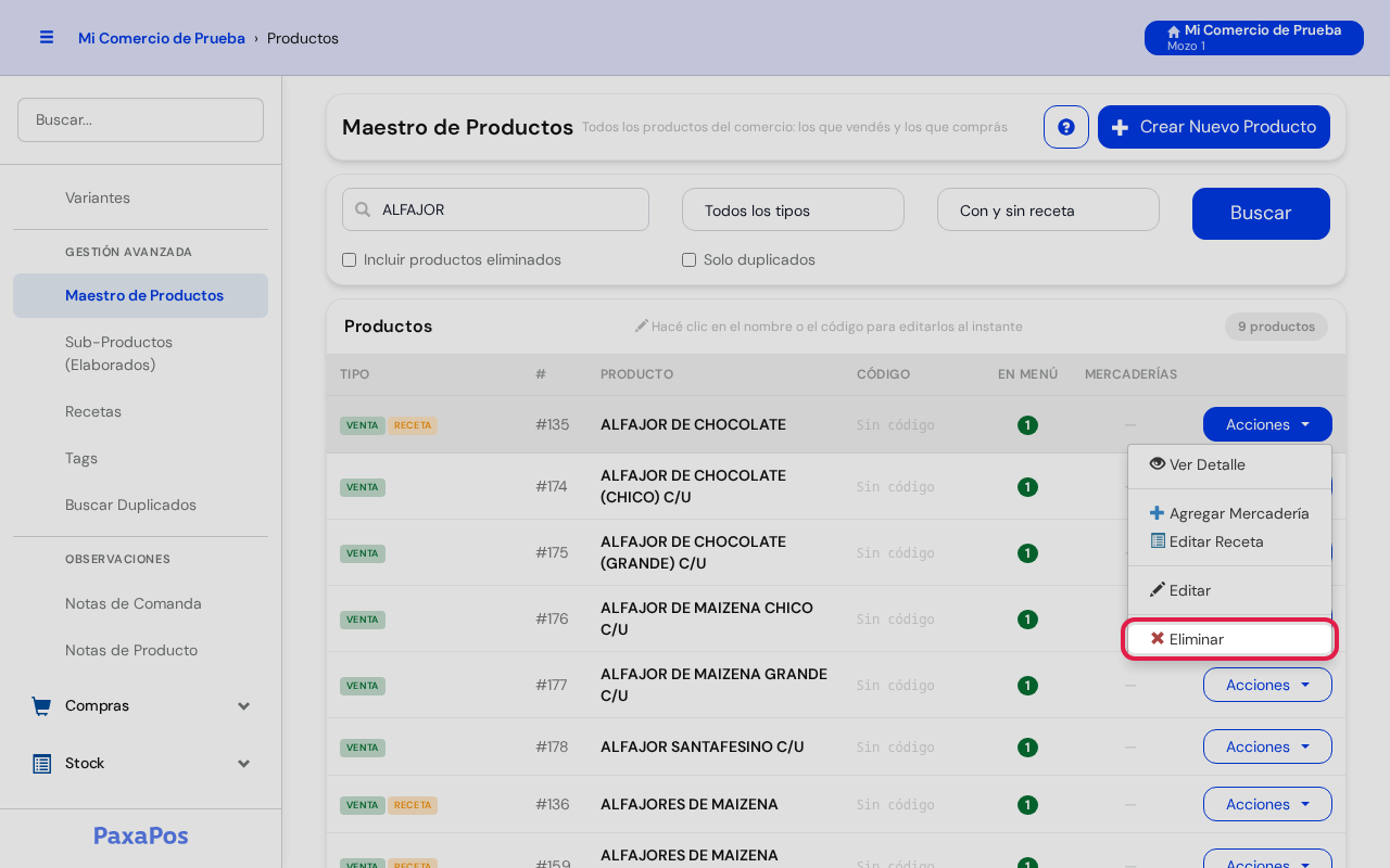 Menú de Acciones con Eliminar marcado en rojo