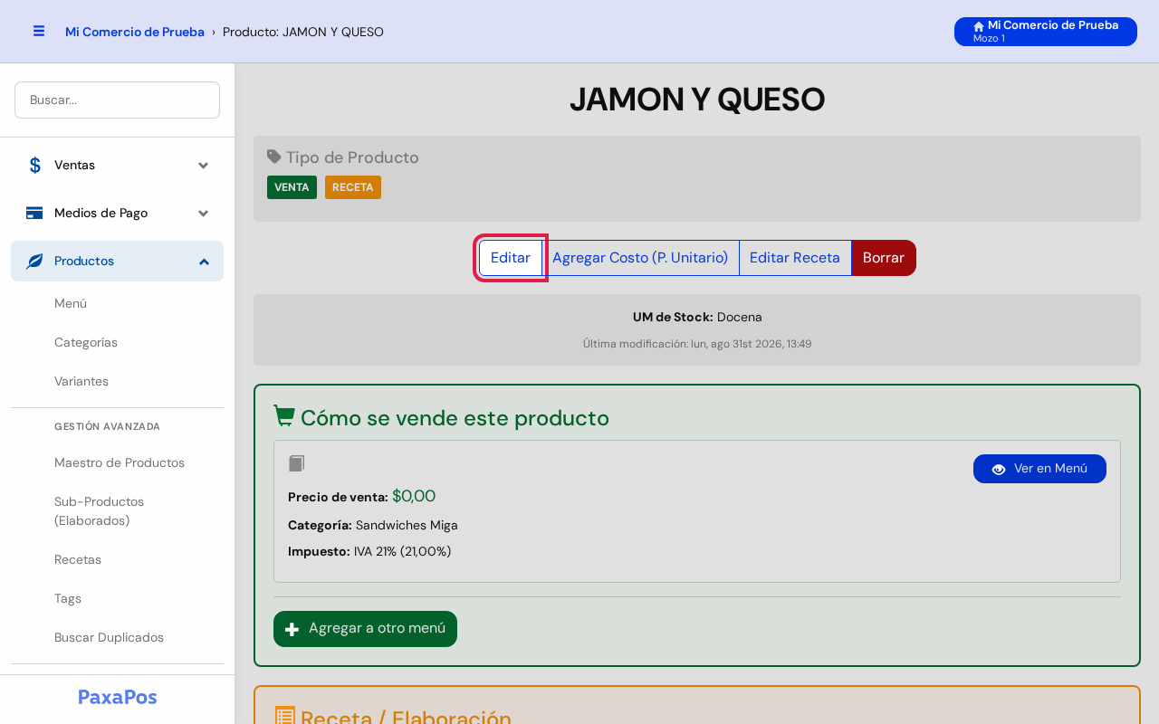 Ficha con el botón Editar marcado en rojo