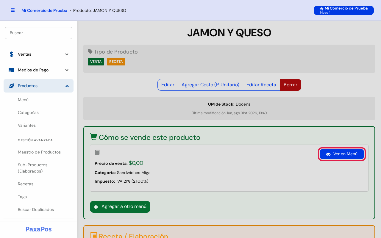 Ficha con el botón Ver en Menú marcado en rojo
