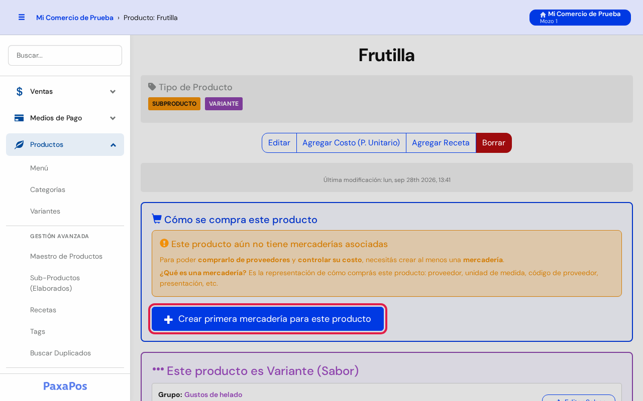 Ficha de Frutilla con el botón Crear primera mercadería marcado en rojo