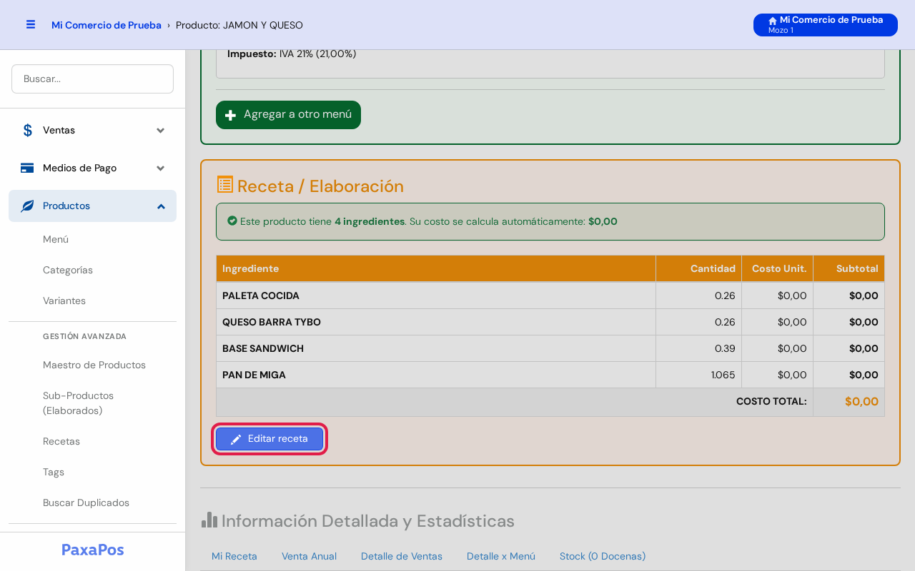 Ficha con el botón Editar receta marcado en rojo