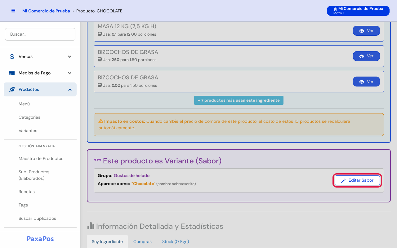 Sección Este producto es Variante con el botón Editar Sabor marcado en rojo