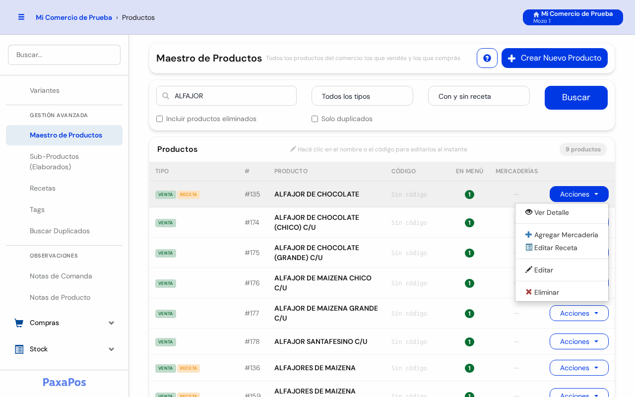 Menú de Acciones abierto con Ver Detalle, Agregar Mercadería, Crear Receta, Editar y Eliminar