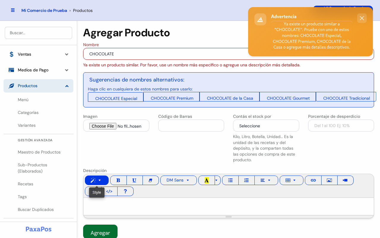 Aviso Ya existe un producto similar, con sugerencias de nombres