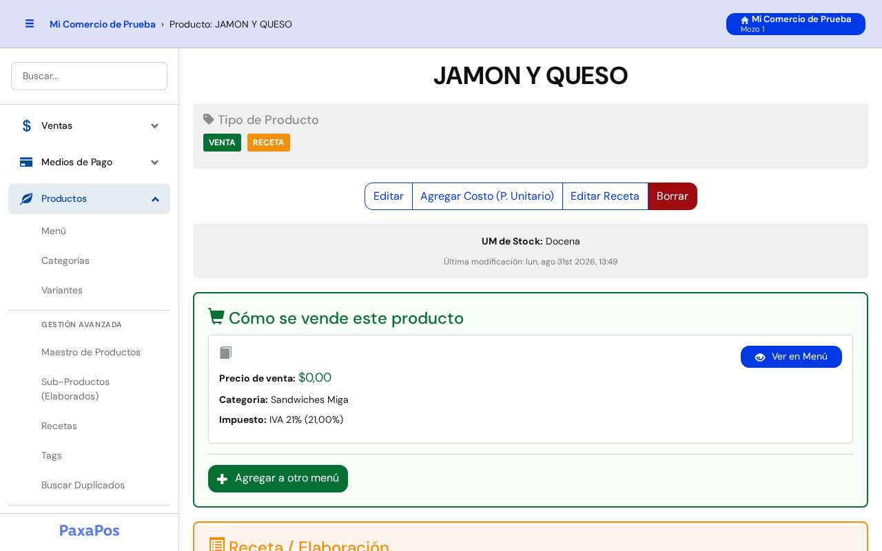 Ficha del producto JAMON Y QUESO con sus botones y la sección Cómo se vende este producto