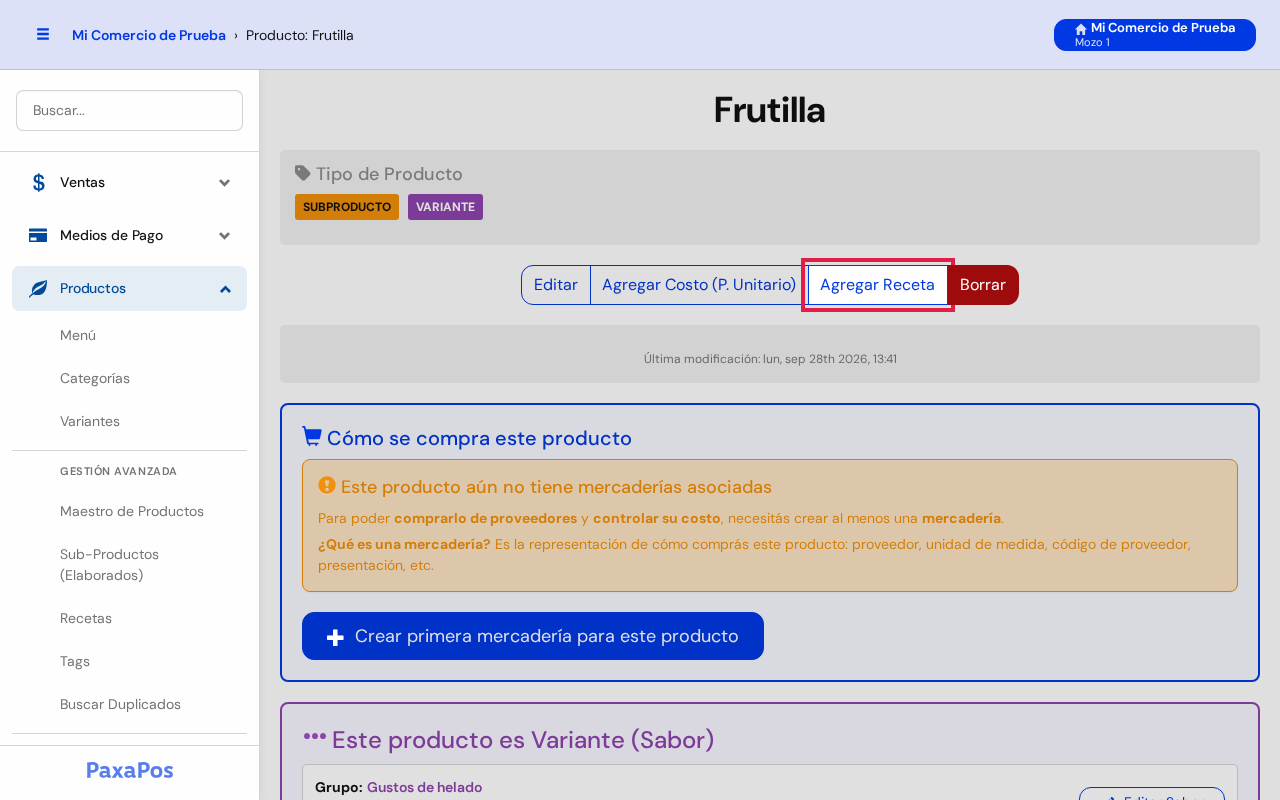 Ficha del producto Frutilla con el botón Agregar Receta marcado en rojo