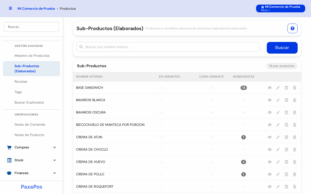 Pantalla Sub-Productos con la lista de preparaciones