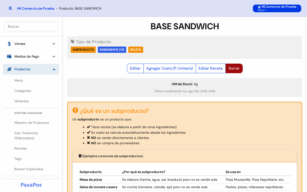Ficha del subproducto BASE SANDWICH con la explicación ¿Qué es un subproducto?