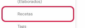 Opción Recetas marcada en rojo en el menú lateral