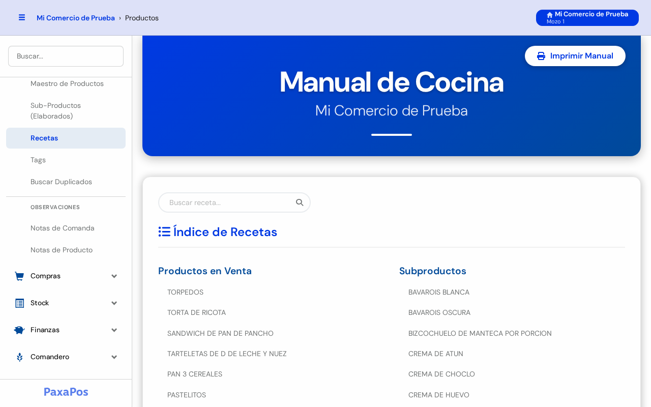 Pantalla Manual de Cocina con el índice de recetas