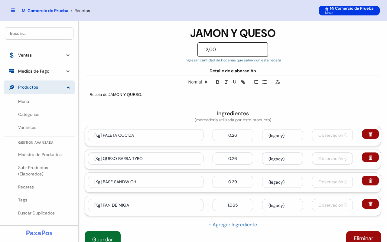 Formulario de la receta de JAMON Y QUESO con sus cuatro ingredientes