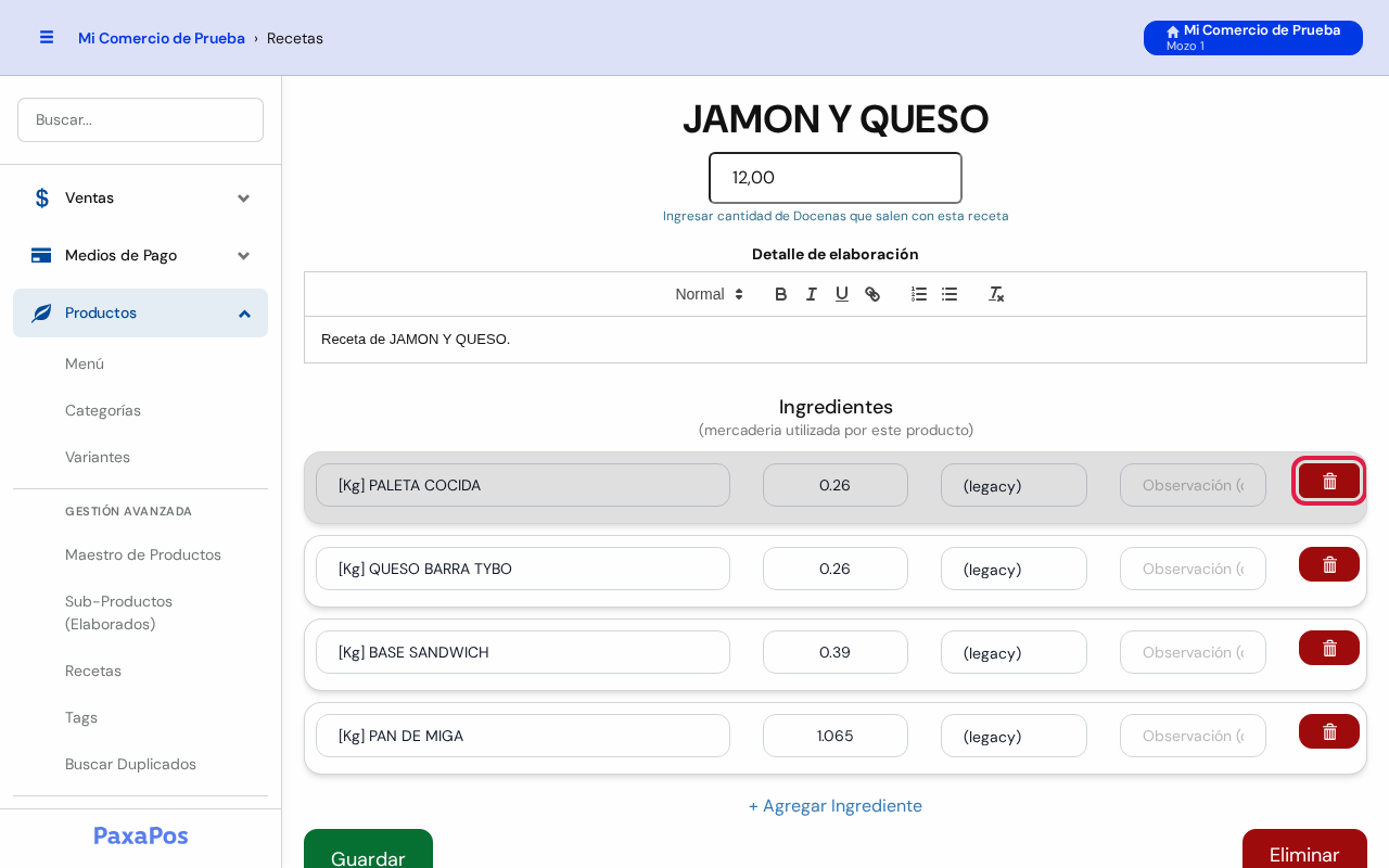 Formulario con el tacho del primer ingrediente marcado en rojo