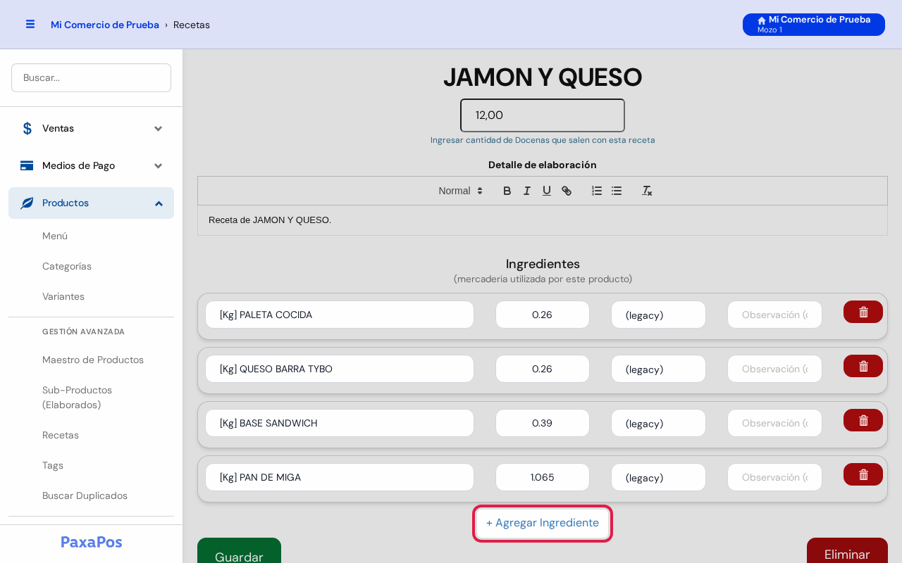 Formulario con el botón Agregar Ingrediente marcado en rojo