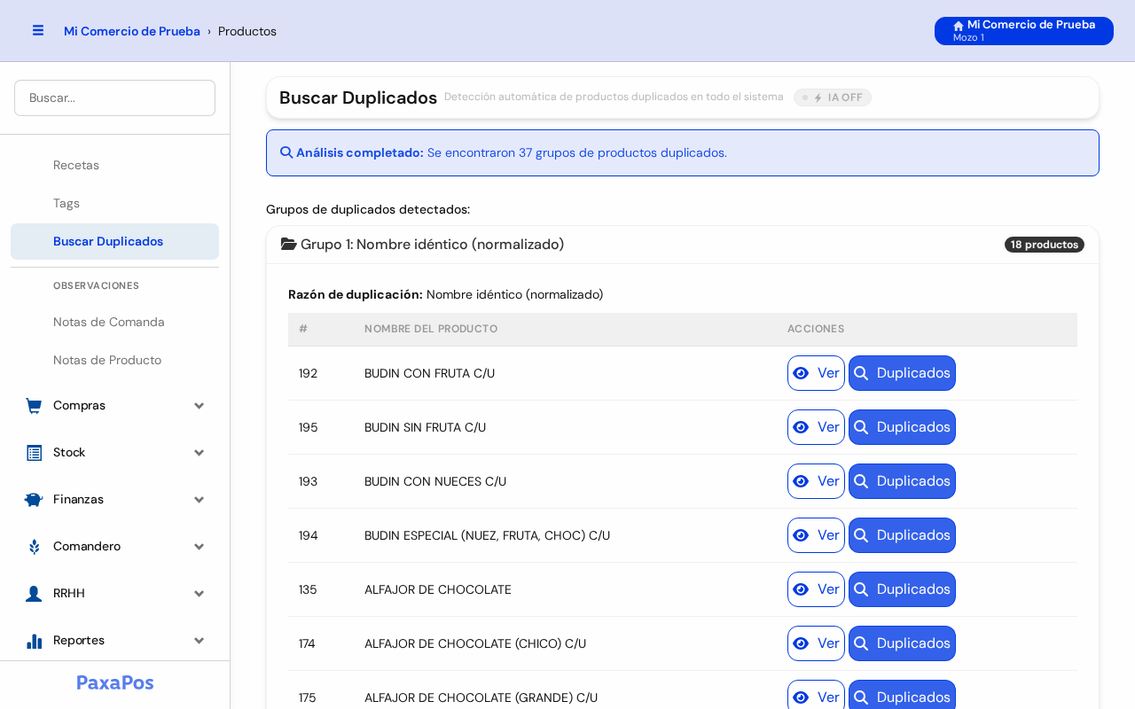 Pantalla Buscar Duplicados con el aviso Análisis completado y el primer grupo