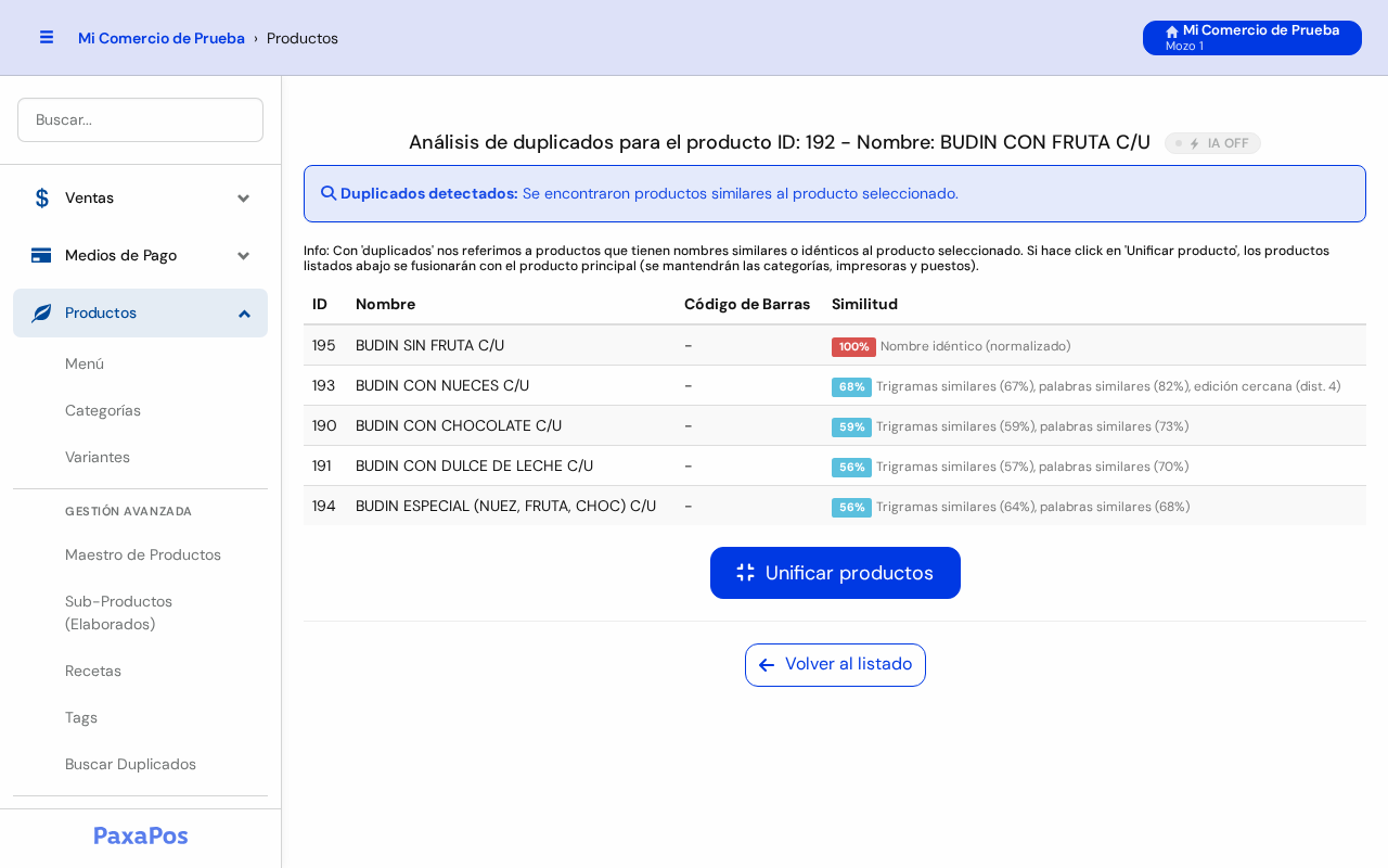 Pantalla Análisis de duplicados del producto BUDIN CON FRUTA con la lista de parecidos