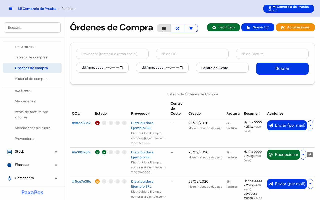 Pantalla Órdenes de Compra con los filtros y la lista de órdenes