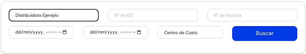 Recuadro de filtros: proveedor, número de OC, número de factura, fechas, centro de costo y el botón Buscar