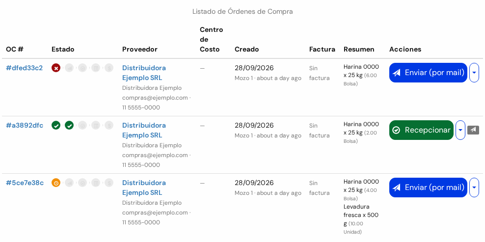 Lista de órdenes: una rechazada, una aprobada y enviada, y una pendiente