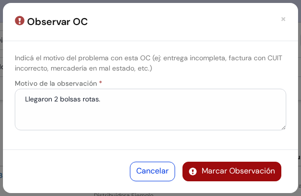 Ventana Observar OC con el motivo escrito y los botones Cancelar y Marcar Observación