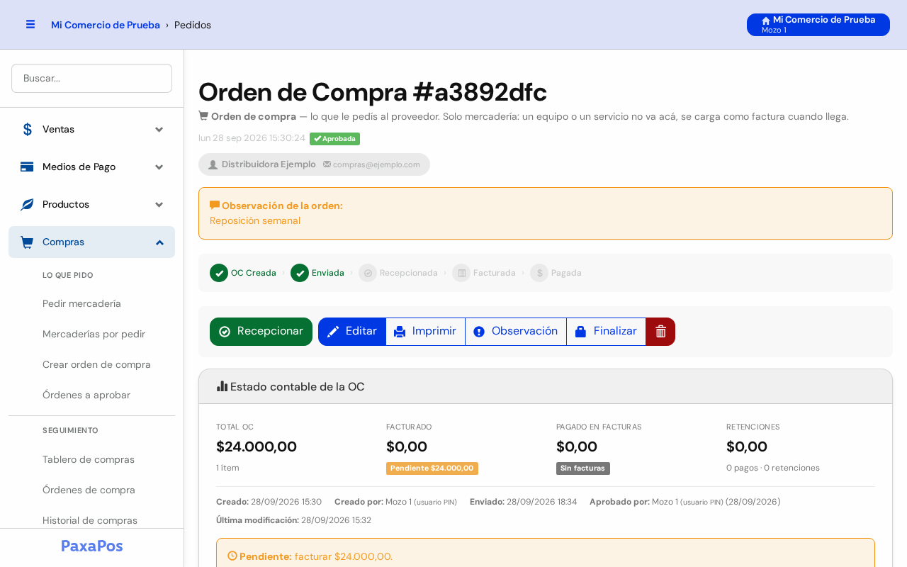 Orden de Compra con su estado, botones, totales y link para el proveedor