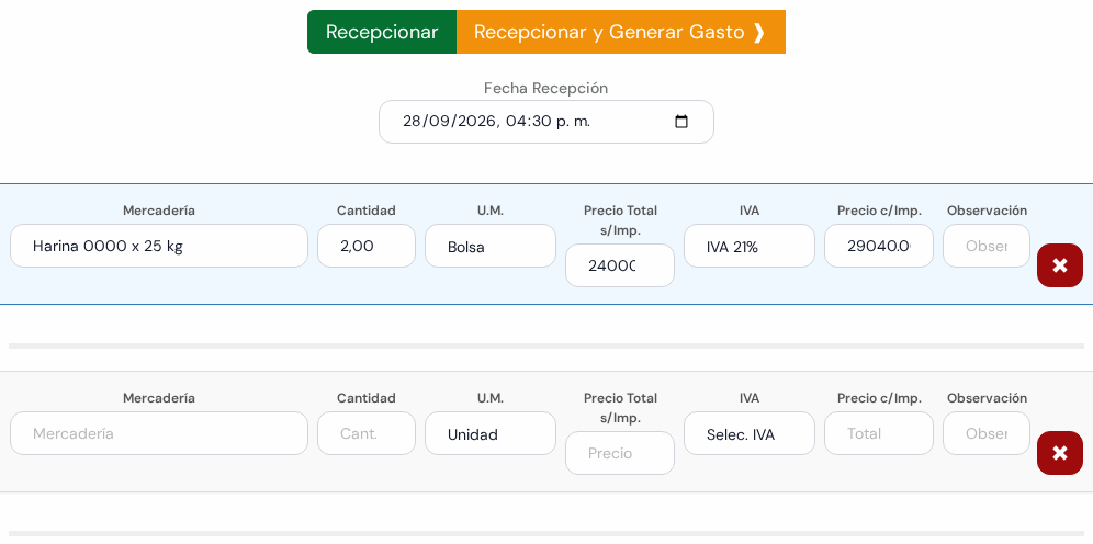 Pantalla de recepción: botones Recepcionar y Recepcionar y Generar Gasto, fecha de recepción y lo que llegó
