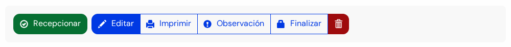 Botones de la orden: Recepcionar, Editar, Imprimir, Observación, Finalizar y el tacho