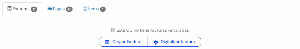 Solapas Facturas, Pagos e Ítems, con los botones Cargar Factura y Digitalizar factura