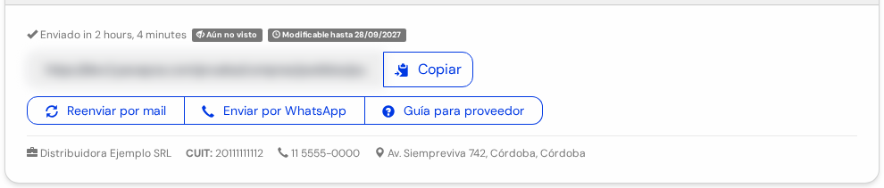 Link público de la orden, con el botón Copiar