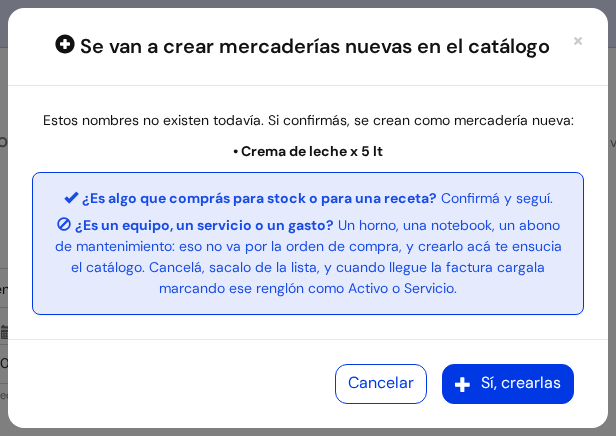 Ventana Se van a crear mercaderías nuevas en el catálogo, con los botones Cancelar y Sí, crearlas