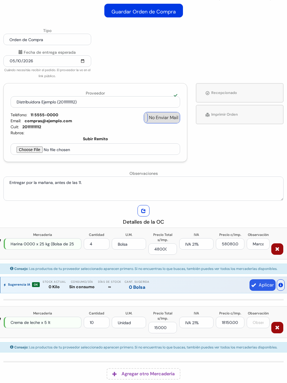 Formulario Generar Orden de Compra completo: tipo, fecha, proveedor, observaciones y dos mercaderías