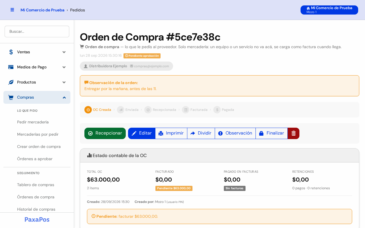 Orden de compra con el detalle de lo pedido y el total
