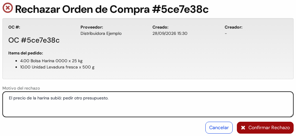 Pantalla Rechazar Orden de Compra: datos de la orden, motivo del rechazo y los botones Cancelar y Confirmar Rechazo