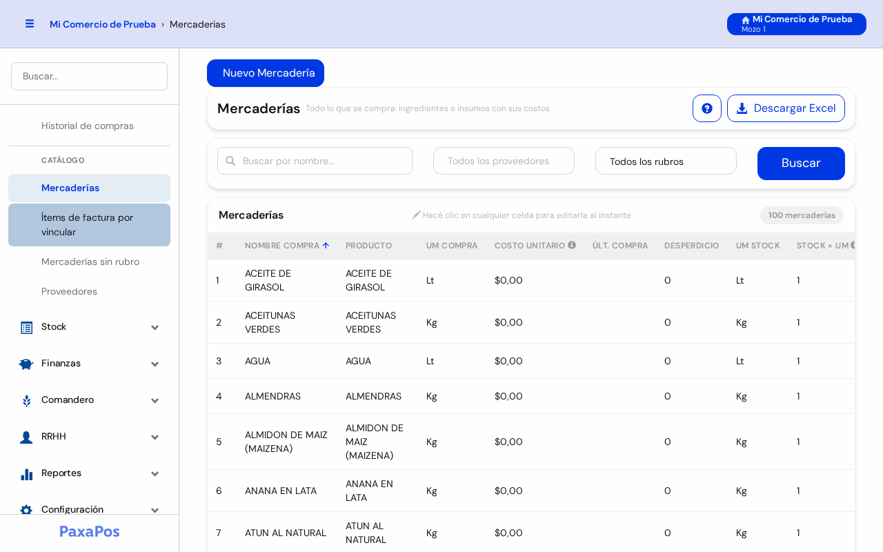 Pantalla Mercaderías con el buscador y la lista