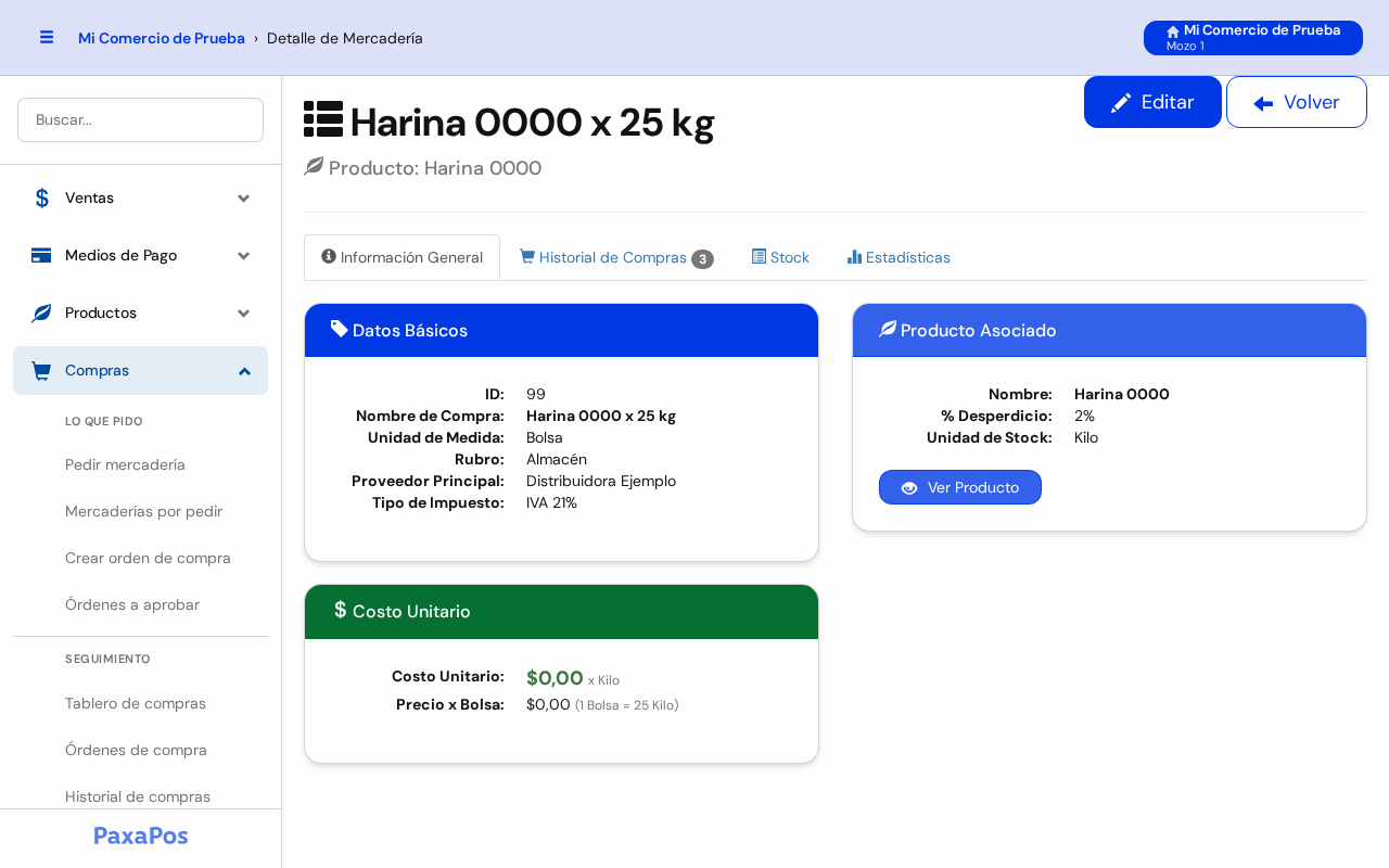 Detalle de la mercadería Harina 0000 x 25 kg