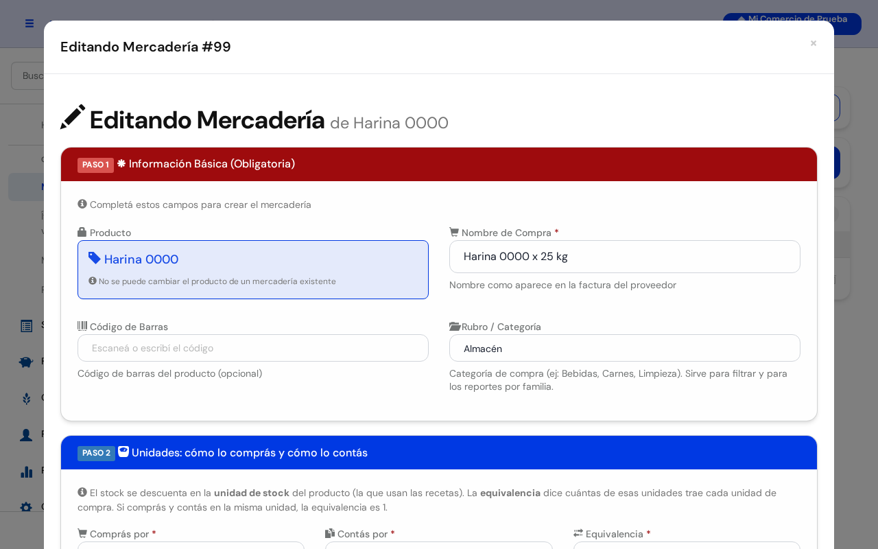 Ventana Editando Mercadería con los datos de Harina 0000