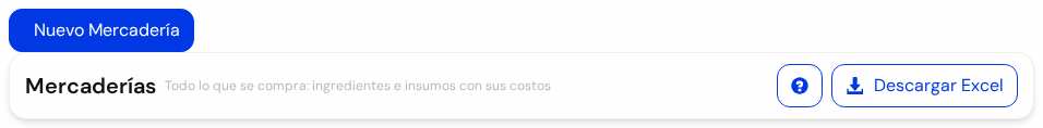 Botones de arriba: Nuevo Mercadería, ayuda y Descargar Excel
