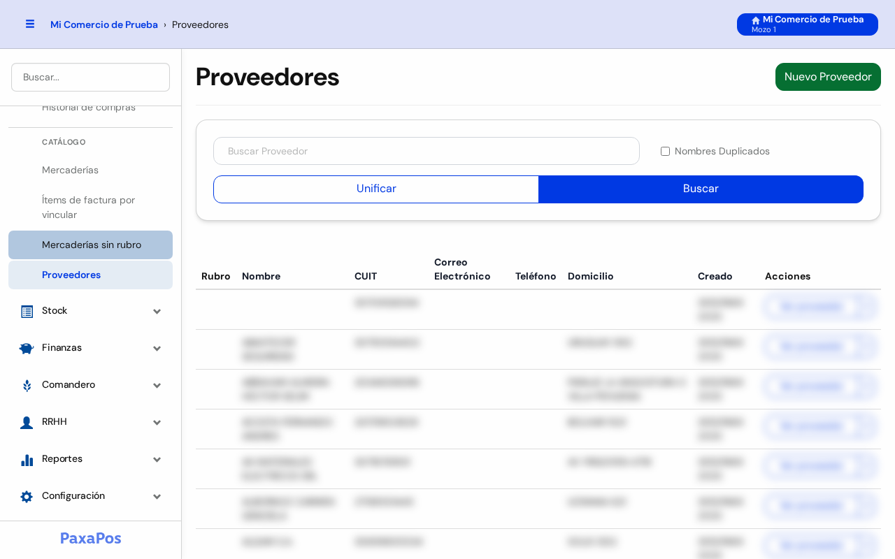 Pantalla Proveedores con el buscador arriba y la lista abajo