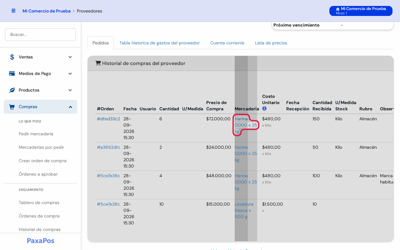 Solapa Pedidos con el nombre de la mercadería Harina 0000 marcado en rojo