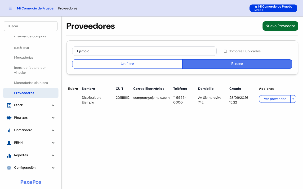 Lista con un solo proveedor: Distribuidora Ejemplo