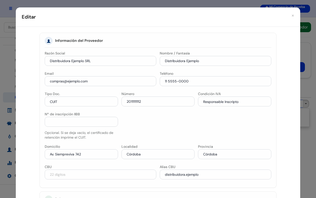Ventana Editar con los datos de Distribuidora Ejemplo