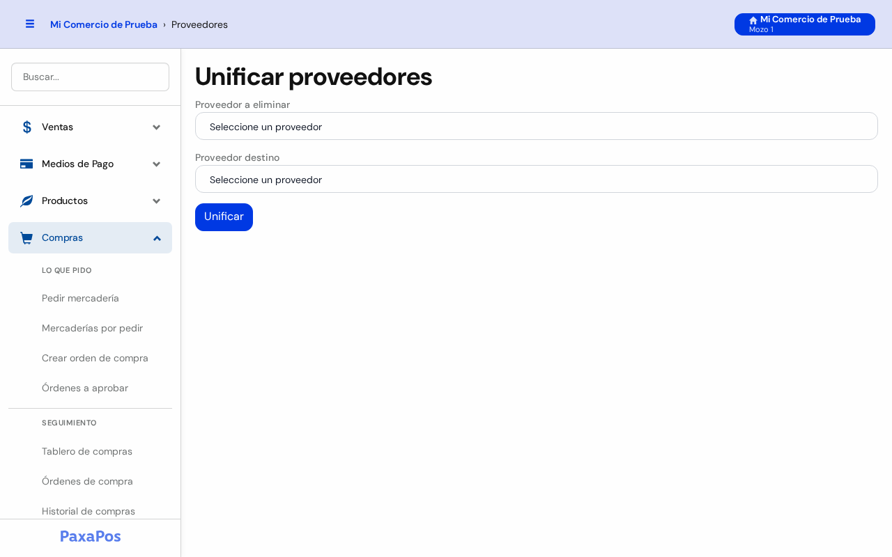Pantalla Unificar proveedores con las listas Proveedor a eliminar y Proveedor destino, y el botón Unificar