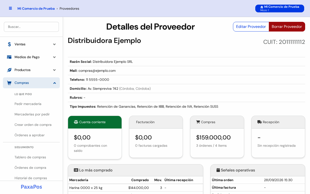 Solapa Cuenta corriente del proveedor
