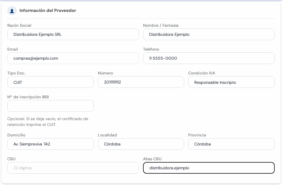 Recuadro Información del Proveedor completo con los datos de Distribuidora Ejemplo SRL