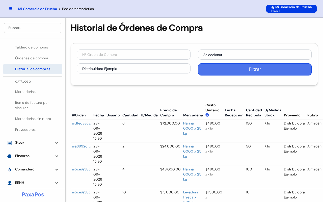 Pantalla Historial de Órdenes de Compra con los renglones de Distribuidora Ejemplo