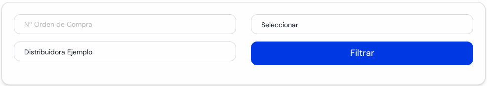 Recuadro de filtros: número de orden, mercadería, proveedor y el botón Filtrar