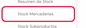 Opción Stock Mercaderías marcada en rojo, debajo de Inventario