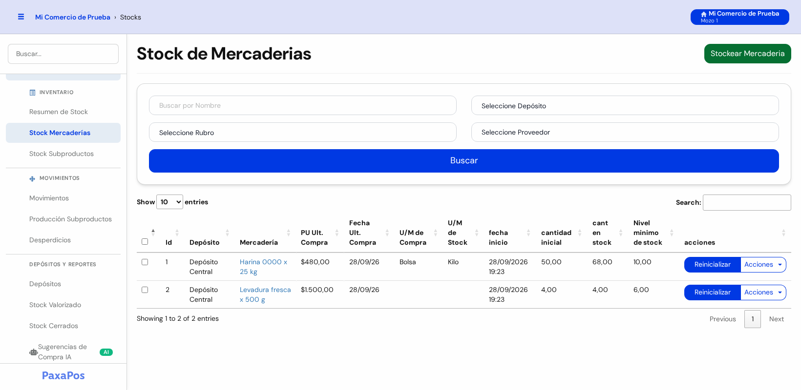 Pantalla Stock de Mercaderias con el buscador arriba y la lista con Harina 0000 y Levadura fresca