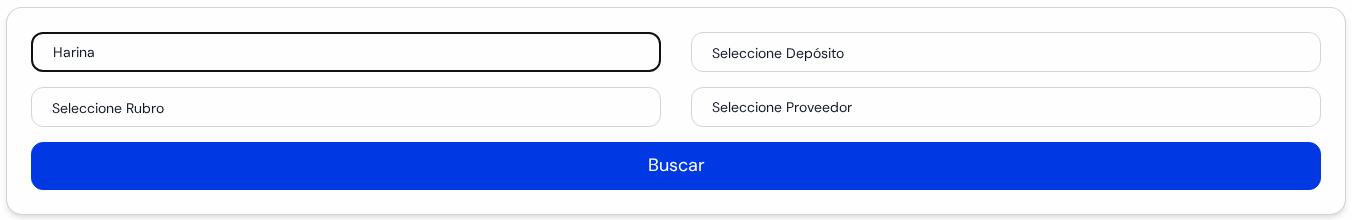 Recuadro de búsqueda con Harina escrito, los depósitos, los rubros, los proveedores y el botón azul Buscar