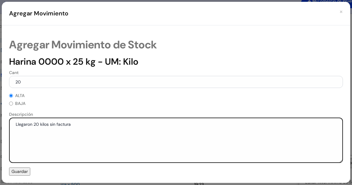 Ventanita Agregar Movimiento de Stock para Harina 0000 x 25 kg con 20, ALTA marcado, la descripción y el botón Guardar
